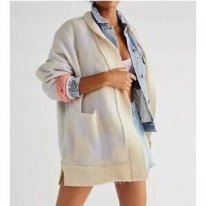 Free People Bryce Check The Cardi Oversized Patch Pockets Tan Blue Knit XS/S